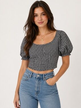 Cropped fitted blouse with puff sleeves and smocked back, Sienna Sky, Size XS
